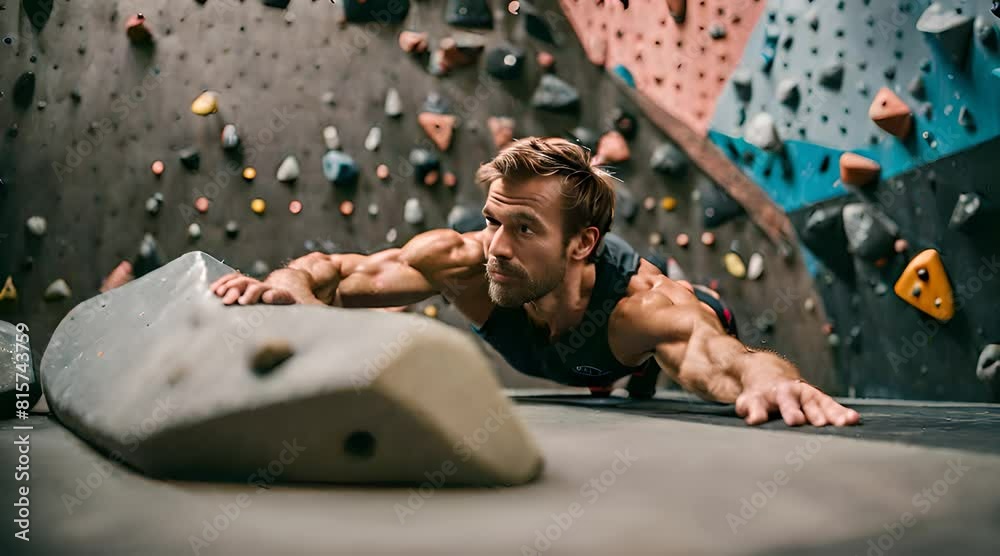 Mann beim Bouldern in der Kletterhalle