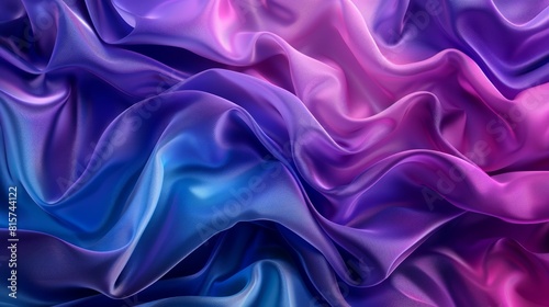 Abstract modern neon  blue and violet colours background with silky ruffle  folded drape  waving fabric. Fashion wallpaper with macro wavy layers and ruffles. 3d render