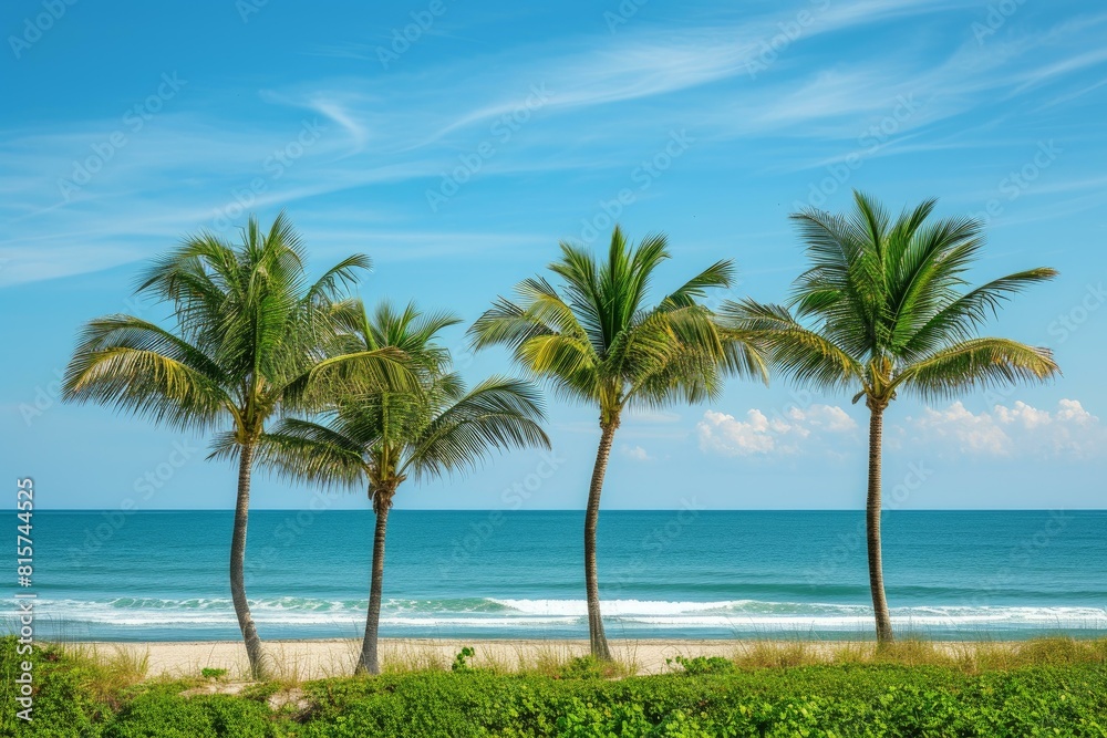 Pristine beach view with lush palm trees against a clear blue sky Pristine beach view with lush palm trees against a clear blue sky