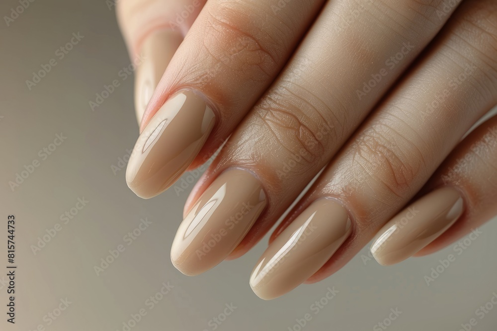 Close-up of a woman's hand with an elegant neutral manicure. Beautiful light pink gel nail polish on rectangular nails Close-up of a woman's hand with an elegant neutral manicure. Beautiful light pink gel nail polish on rectangular nails
