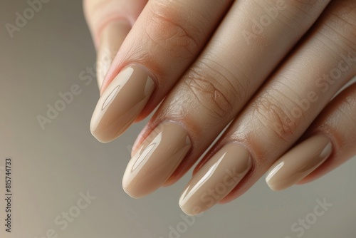Close-up of a woman s hand with an elegant neutral manicure. Beautiful light pink gel nail polish on rectangular nails