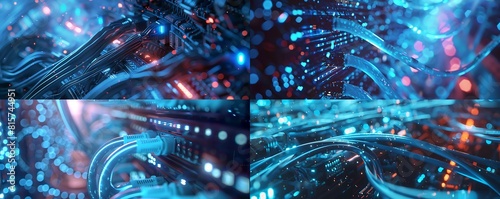 A closeup of digital cables and wires in an overpopulated server rack, with blue glowing data flowing through them photo