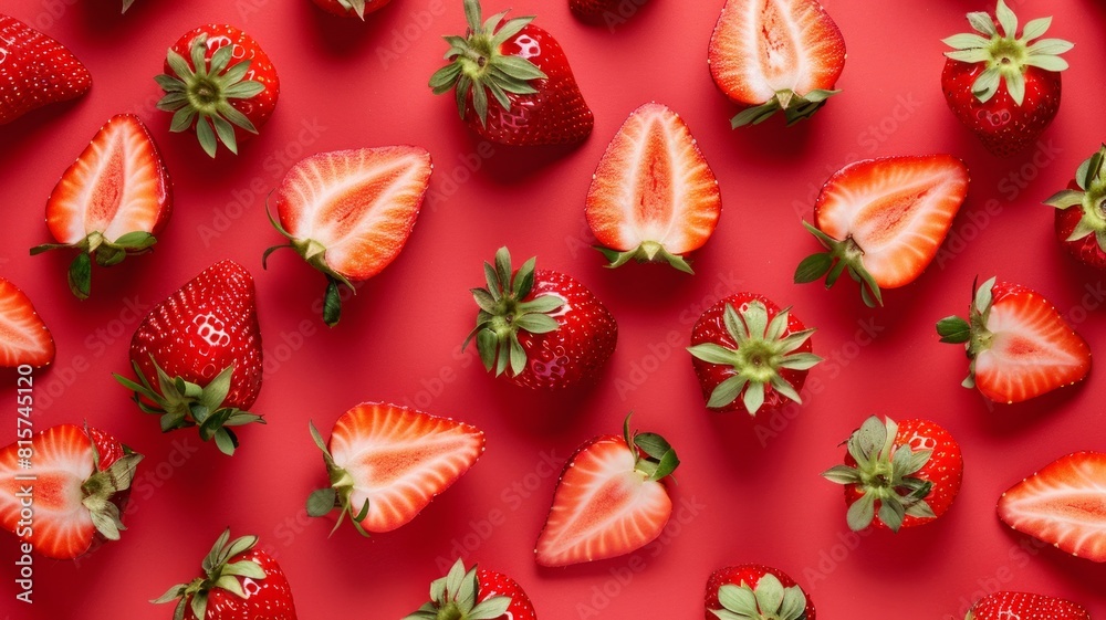 Summer pattern made with strawberries fruit on red background. Minimal fruit concept. Summer pattern made with strawberries fruit on red background. Minimal fruit concept.