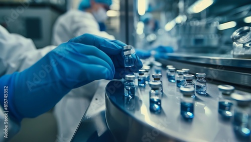 A closeup shot of hands in blue gloves inspecting vials on the production line, inside an advanced medical facility