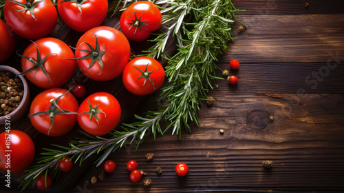 Fresh tomatoes and rosemary on a rustic wooden background. Generative ai
