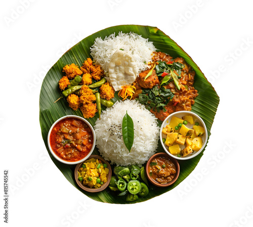Happy Onam, an Indian festival, Kerala Onam - Sadya served on banana leaves isolated on a transparent background. Onam Vishu Pongal Diwali festival vegetarian food Kerala Tamil Nadu South India.