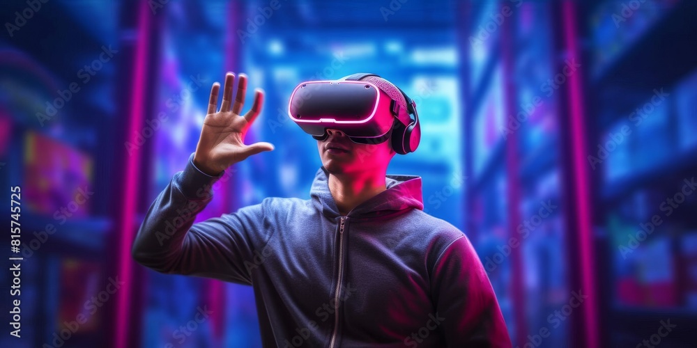 A man using a VR device for an immersive virtual experience in a metaverse