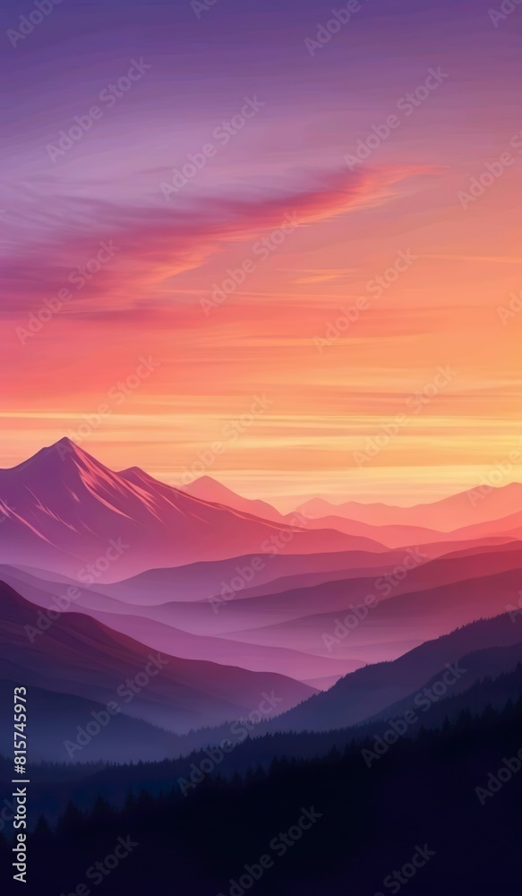 nature background of a serene sunset over a majestic mountain range, with the sky painted in hues of orange, pink, and purple