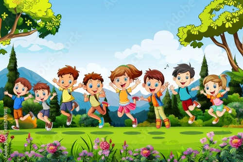 Happy kids running in the park illustration. Cartoon vector graphic design.