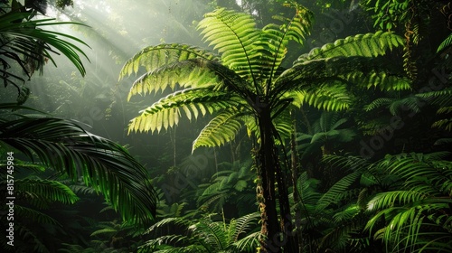 A lush tree fern thrives in the vibrant rainforest of Marojejy National Park in Madagascar photo