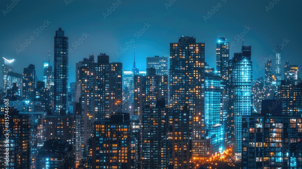 Nighttime Splendor City Skyline Illuminated by Many Tall Buildings Creates a Dazzling Urban Landscape
