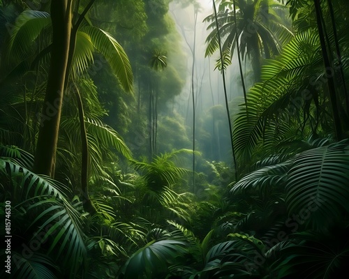Nature background a lush  dense tropical rainforest with towering trees  vibrant green foliage  and exotic wildlife hidden among the plants