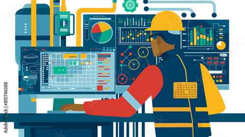 A man in a hard hat and safety glasses operating a control panel in a factory and there are a lot of screens around him showing graphs and charts.