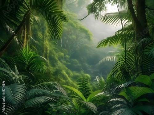 Nature background a lush, dense tropical rainforest with towering trees, vibrant green foliage, and exotic wildlife hidden among the plants
