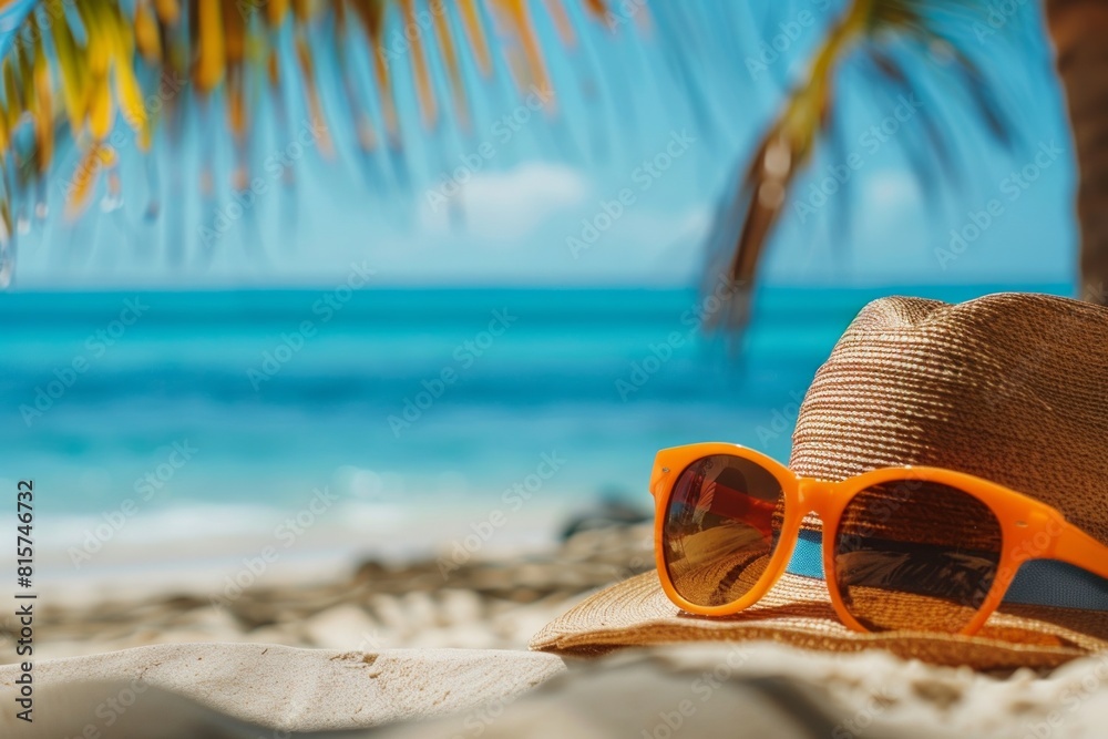 Sunglasses and hat on the beach with a palm tree. Travel agency advertising material. Sunglasses and hat on the beach with a palm tree. Travel agency advertising material.
