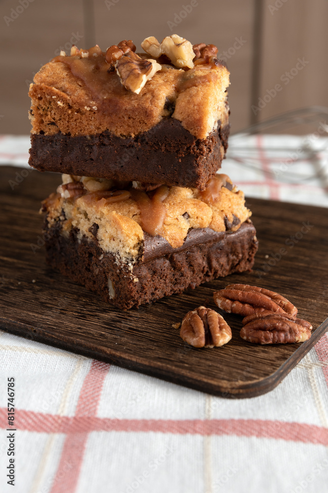 Homemade brookies brownie and cookie cake with walnuts