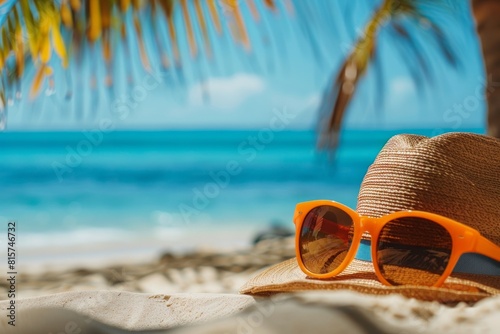 Sunglasses and hat on the beach with a palm tree. Travel agency advertising material. 
