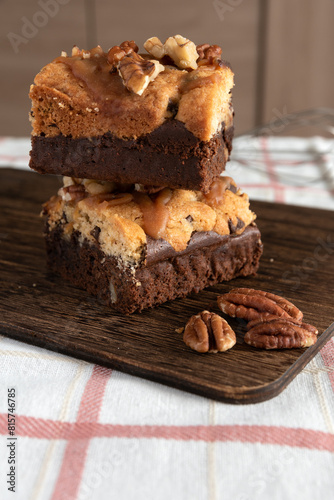 Homemade brookies brownie and cookie cake with walnuts