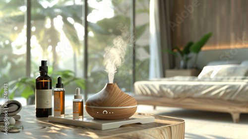 Aroma oil diffuser with bottles on table in bedroom