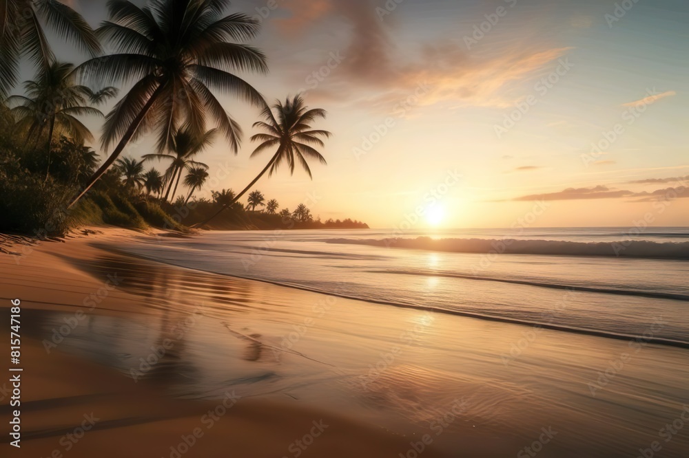 Nature background a tranquil beach scene at dawn, with gentle waves lapping at the shore, palm trees swaying, and the first light of day breaking over the horizon