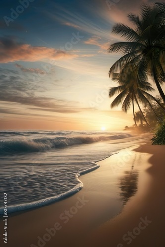 Nature background a tranquil beach scene at dawn  with gentle waves lapping at the shore  palm trees swaying  and the first light of day breaking over the horizon