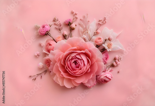 Creative layout made of roses and various flowers .Flat lay delicate colors bouquet aesthetic wrap in silk and net cute details more elegant luxurious, astonishing