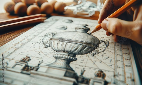 Pencil and paper on an artists table drawing a trophy, success visualization, soft daylight, front shot photo