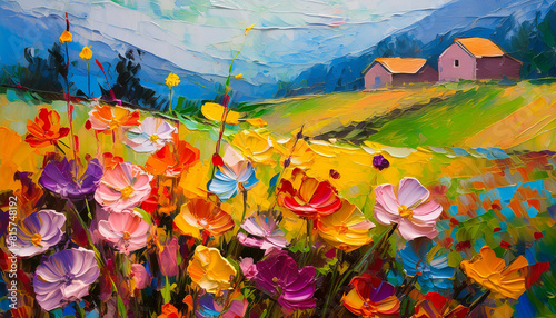 Abstract oil painting of colorful summer flowers field. Natural scenery. Impressionism art.