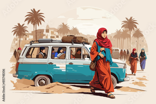 Palestinian refugees fleeing war Israel illustration 