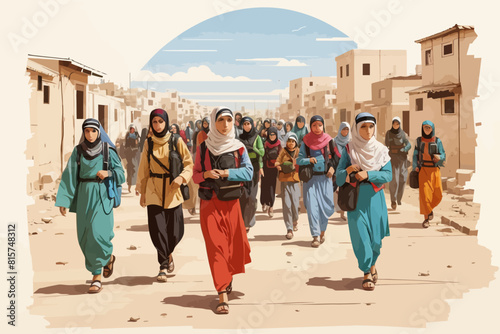 Palestinian refugees fleeing war Israel illustration 