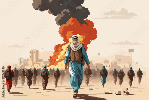 Palestinian refugees fleeing war Israel illustration 