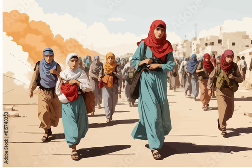 Palestinian refugees fleeing war Israel illustration 