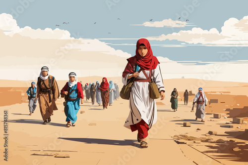 Palestinian refugees fleeing war Israel illustration 
