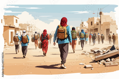 Palestinian refugees fleeing war Israel illustration 