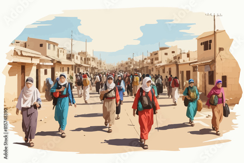 Palestinian refugees fleeing war Israel illustration 