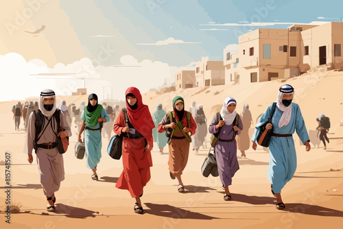 Palestinian refugees fleeing war Israel illustration 