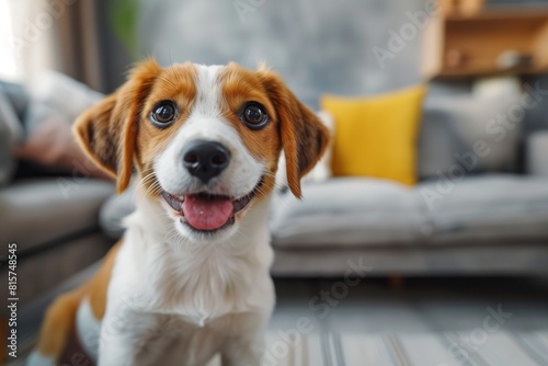 Funny Brown and white dog sitting in front of the couch and looking at the camera, copy space