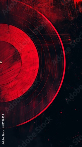 Close-up of vinyl record. Red on dark background, grunge inspired texture, minimal design.