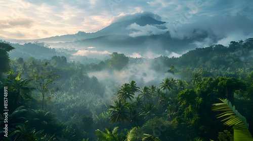 A photo of Mount Agung, with dense jungle as the background, during a misty morning © VirtualCreatures