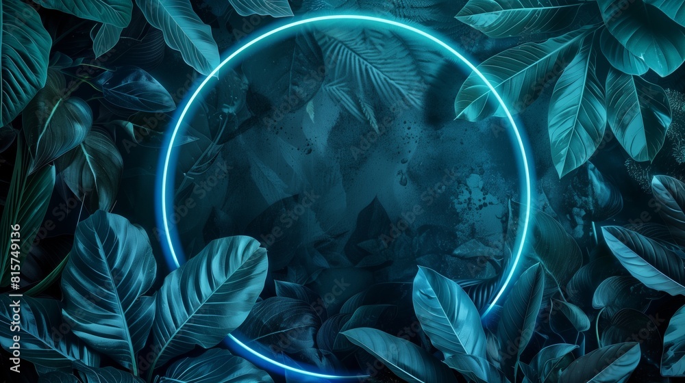 A blue neon frame with leaves on dark background.
