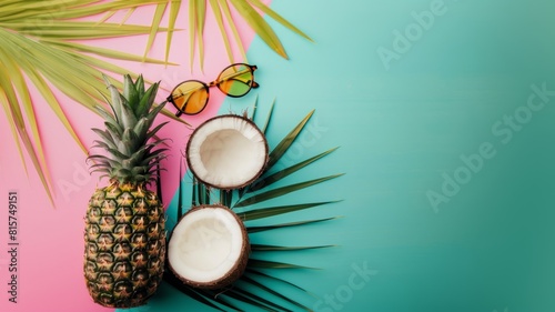 Coconut and pineapple with sunglasses on a pastel background. Creative summer wallpaper with copy space. Top view. 