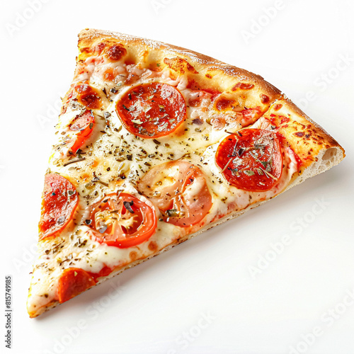 Pizza slice isolated on white background, online delivery from pizzeria, take away and fast food concept photo