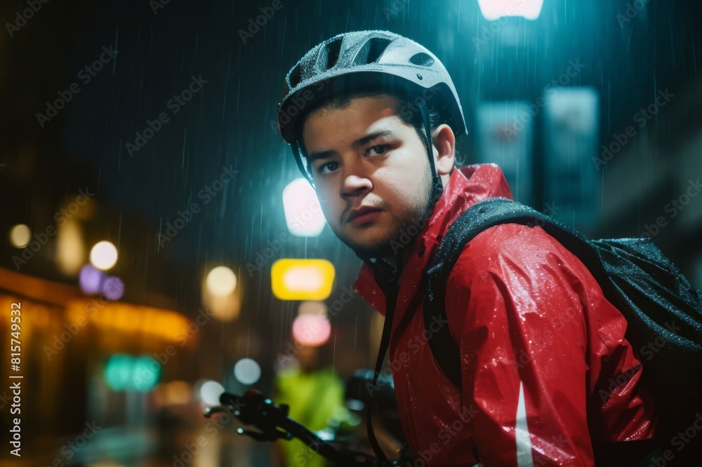 A portrait of a food delivery person at a rainy night A portrait of a food delivery person at a rainy night