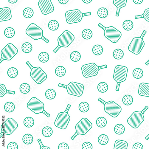 Seamless Pattern of Balls and Rackets for Pickleball in Thin Line Style