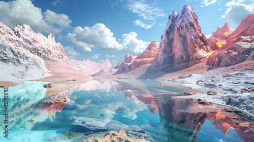 A fantasy landscape with potassium chloride mountains and crystal clear lakes photo
