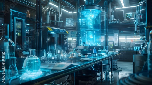 A futuristic laboratory where sodium chloride is being synthesized in a high-tech machine