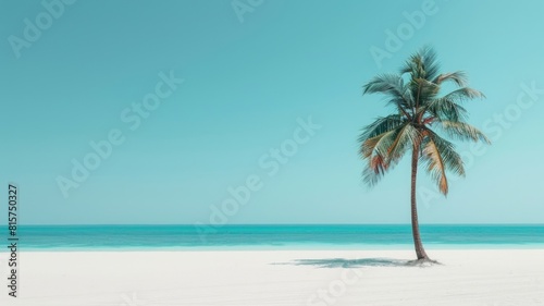 Landscape photo of tropical beach with a palm tree. Turquoise sea and clear sky. Exotic summer destination as amazing beautiful panorama wallpaper. 