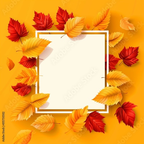 fall promo background with yellow and orange leaves and a white frame in 3D style. An advertising banner for a seasonal sale. 