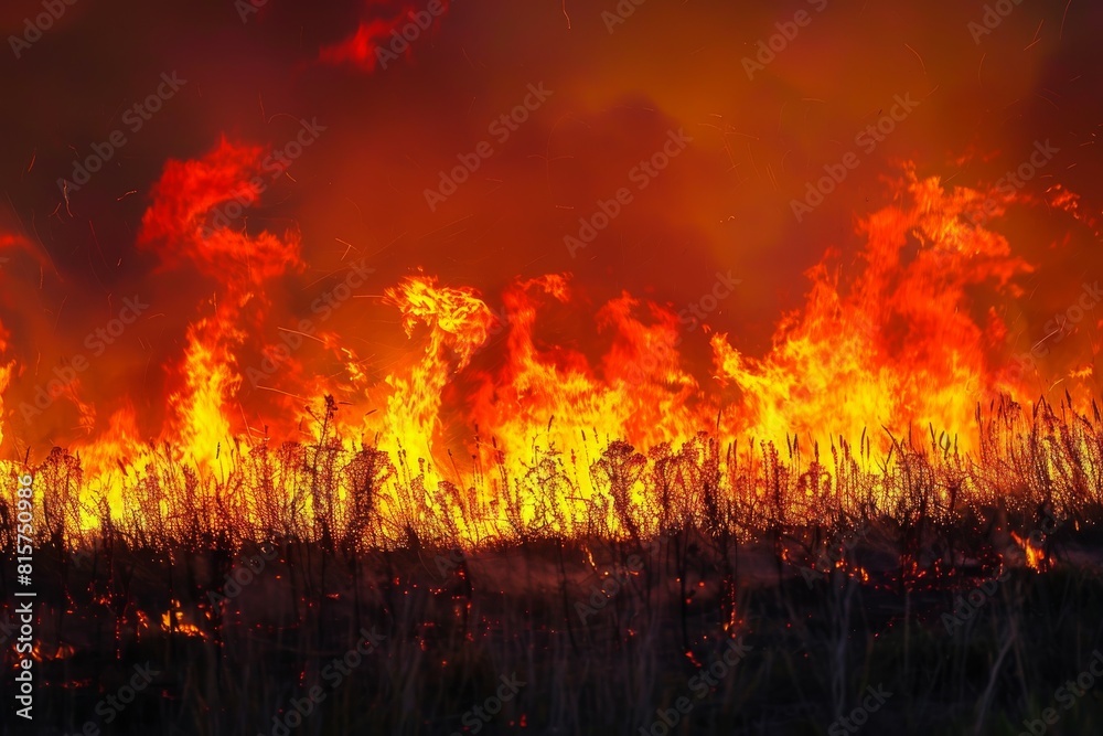 Intense wildfire blazing through grassland Intense wildfire blazing through grassland