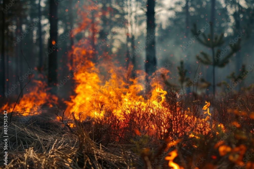 Forest fire burning with bright flames and smoke Forest fire burning with bright flames and smoke